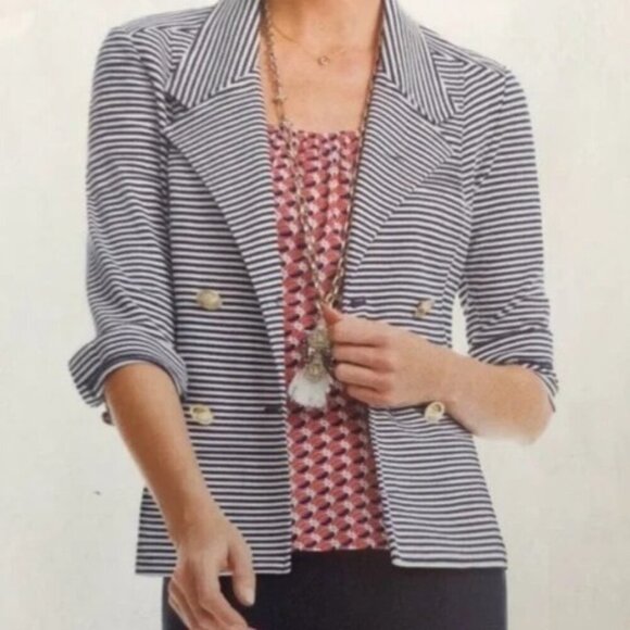 Cabi Blue Nautical Striped Stretch Knit Blazer Jacket Preppy #823 Women's S - Picture 1 of 9